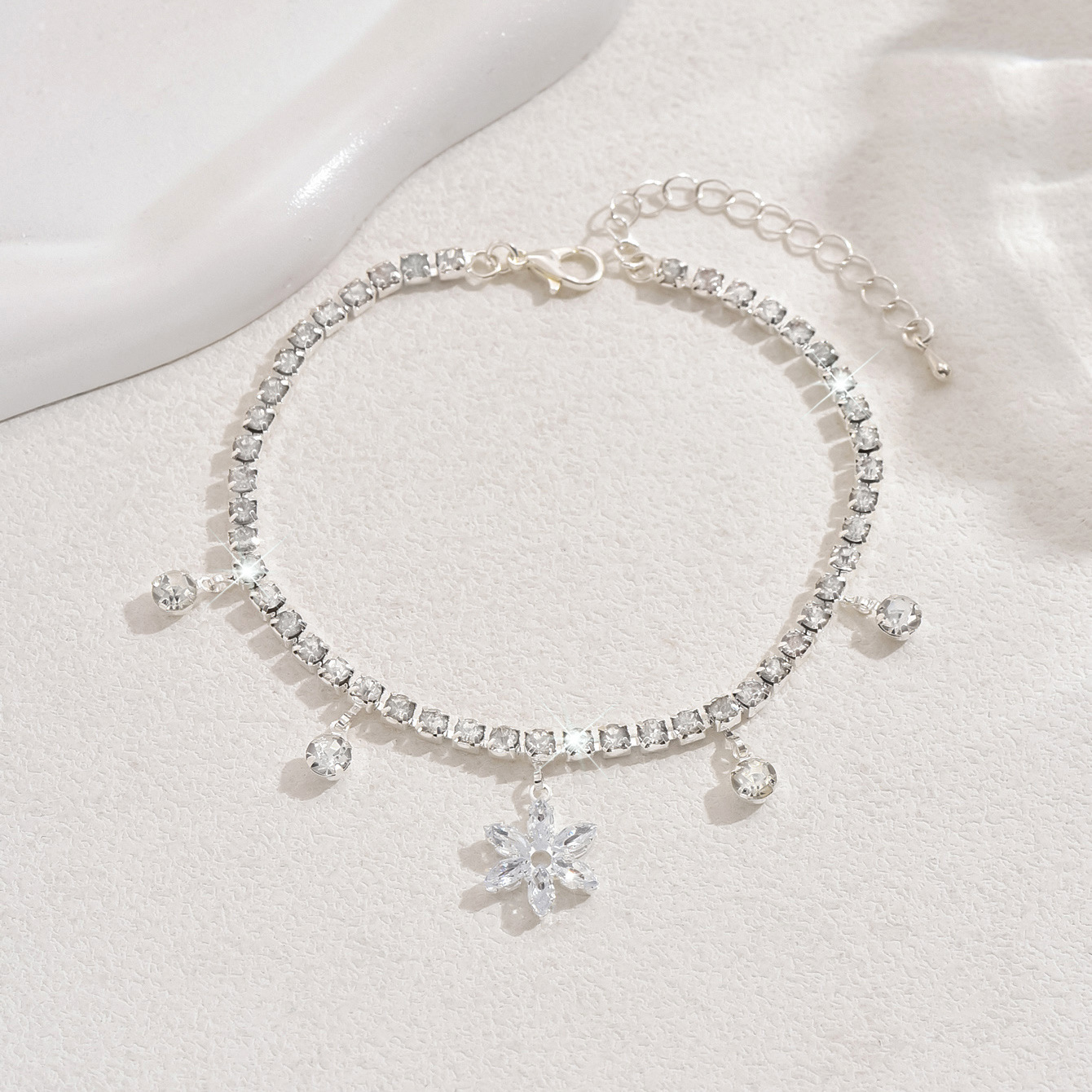 Crystal Tennis Anklet with Flower Charm and Rhinestone Drops